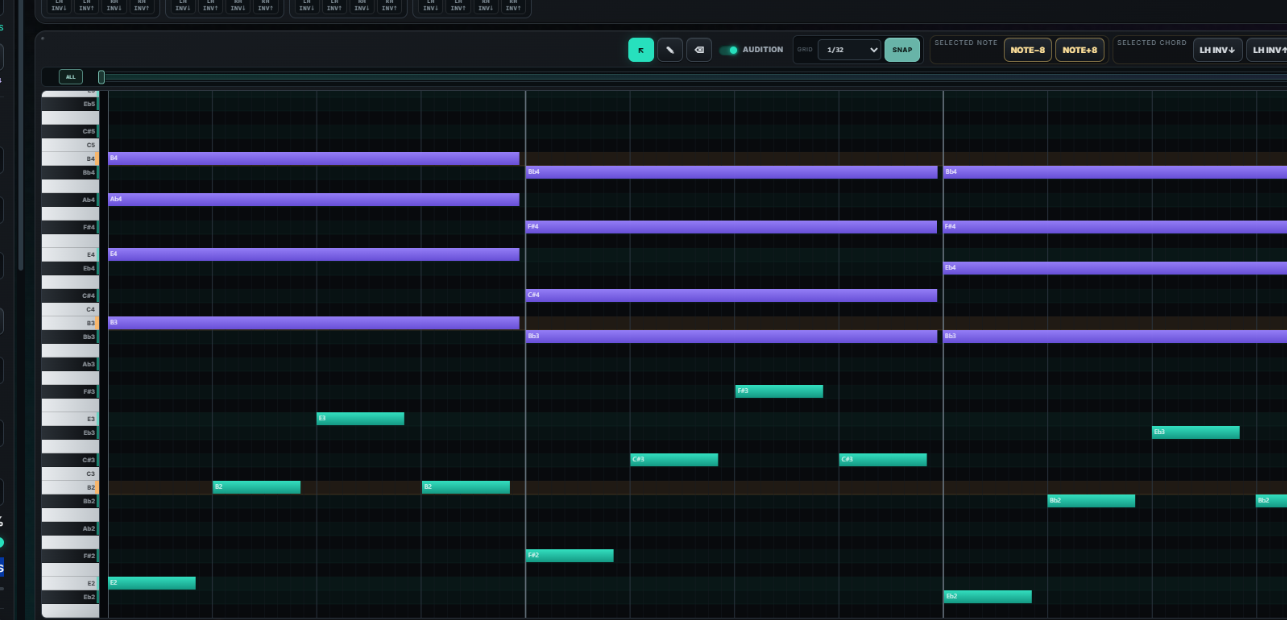 Close-up of the piano roll with harmony and editable notes.